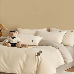 Brand New! Cream Embroidered Cotton Duvet Cover Set - Classic Neutral Bedding